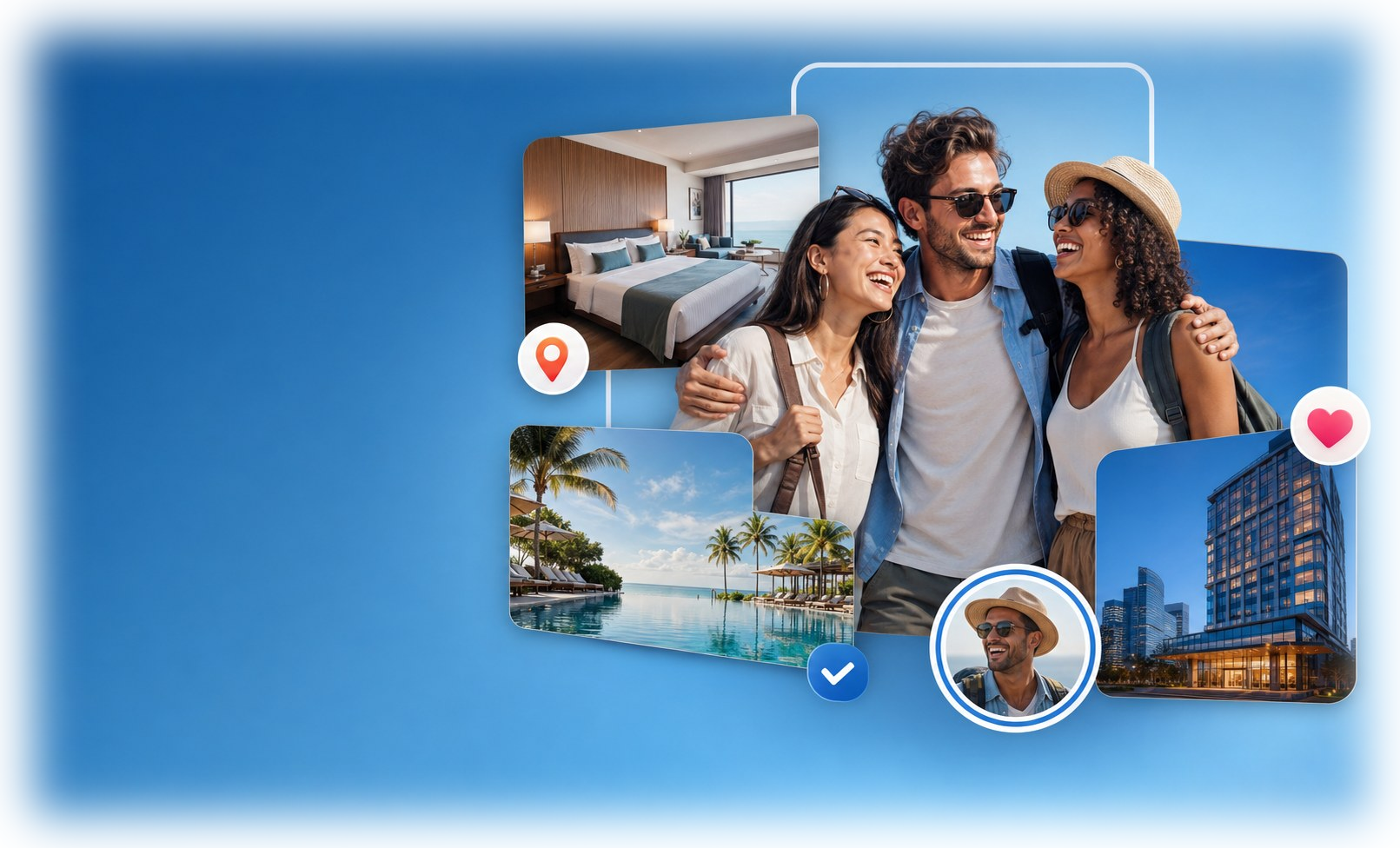 Happy travelers, hotels and resorts